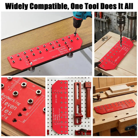 Bulletproof Aluminum Alloy Shelf Pin Jig With 11 Hole Template, red color, used for drilling accurate dowel holes in woodworking.