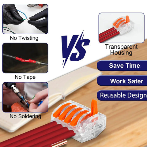 Comparison of traditional wiring methods vs Transparent Housing Lever Wire Connector Kit with Test Hole for Quick Splice Connections.