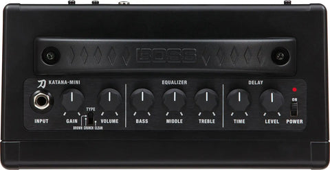 Front view of the Katana Mini 7-Watt Practice Guitar Amp With Rich Analog Tone, Three Amp Types Brown Crunch Clean controls