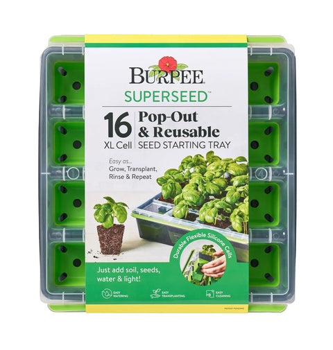 SuperSeed All In One Seed Starting Tray With 16 XL Cells, Reusable And Dishwasher Safe, packaged with instructions visible