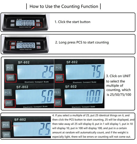 Heavy Duty Digital Kitchen Scale With 66Lb Capacity showing counting function guide on LCD display.