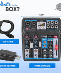 6 Channel Wireless DJ Mixer With Bluetooth Streaming And DSP Effects USB Audio Interface Dual RCA Inputs XLR And One Fourth Inch Mic Inputs Crossfader Headphone Cue Pro DJ Controller For Club Nights And Home Sets in package with USB cable and power adapter.