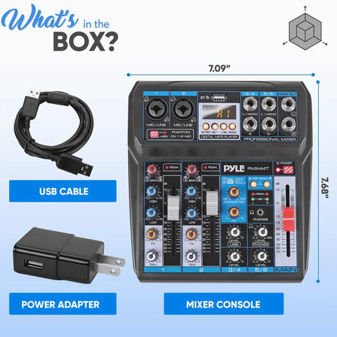 6 Channel Wireless DJ Mixer With Bluetooth Streaming And DSP Effects USB Audio Interface Dual RCA Inputs XLR And One Fourth Inch Mic Inputs Crossfader Headphone Cue Pro DJ Controller For Club Nights And Home Sets in package with USB cable and power adapter.