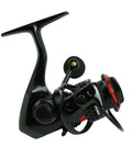 Ceymar Spinning Reel Size 10 With Five Pound Max Drag Ultra Lightweight For All Day Fishing Smooth Drag System Seven Ball Bearings Plus One Roller Bearing Quick Set Anti Reverse Black And Red shown on white background