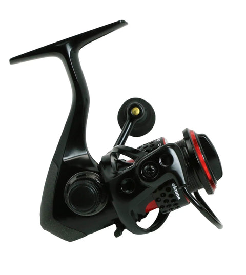 Ceymar Spinning Reel Size 10 With Five Pound Max Drag Ultra Lightweight For All Day Fishing Smooth Drag System Seven Ball Bearings Plus One Roller Bearing Quick Set Anti Reverse Black And Red shown on white background