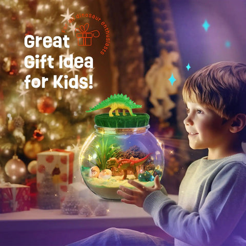 Child holding Dinosaur Terrarium Kit For Kids With LED Night Light And Remote Control DIY Dino Toys Arts And Crafts Set