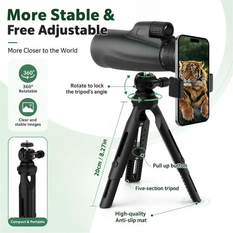 80x100 High Power Monocular With Smartphone Adapter For Adults Crystal Clear Bird Watching Scope Travel Camping Hiking Adjustable Zoom Lightweight Portable Long Range View For Nature Lovers And Outdoor Enthusiasts on tripod with smartphone