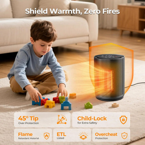 Child playing safely near Fast Heat Desk Heater With Remote 1500W Ceramic PTC Tiny But Mighty Space Heater for Office or Bedroom