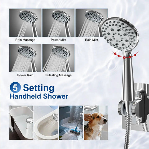5 settings of the 12 Inch High Pressure Rainfall Shower Head Handheld Combo with 15 Inch Brass Extension Arm shown in use