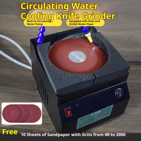 Heavy Duty Wet Bench Sander With 120W Electric Knife Sharpener Tool Featuring 7 Speed Adjustable Control For Polishing Grinding And Detailing Tasks At Up To 3350 RPM With 360 Flexible Work Angle Universal Tube, showing circulating water cooling grinder.