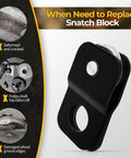 Beefed-Up 8000 Lbs Winch Snatch Block For ATV UTV Universal Heavy Duty Rope Pulley With Black Coating Fits 3/16 To 5/16 Inch Cable Rotates For Easy Cable Mount Doubles Pull Power And Reduces Heat, black snatch block pulley