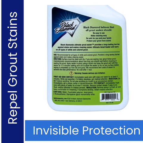 Back label of Pro Grade Grout Sealer For Tile Stone And Grout Easy Spray On Application Low Odor Stain And Moisture Repellent Quart