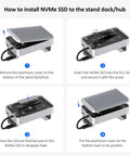 Mac Mini M4 And M4 Pro Stand Hub That Sets Your Workstation On Fire With 40 Gbps Thunderbolt Speed Houses Roomy Nvme Ssd Enclosure Handling Up To Eight Tough Terabytes Alongside Kickass Usb Hookups installation steps showing aluminum cover removal and NVMe SSD insertion.
