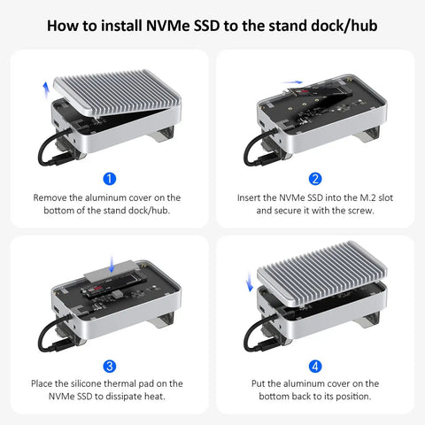 Mac Mini M4 And M4 Pro Stand Hub That Sets Your Workstation On Fire With 40 Gbps Thunderbolt Speed Houses Roomy Nvme Ssd Enclosure Handling Up To Eight Tough Terabytes Alongside Kickass Usb Hookups installation steps showing aluminum cover removal and NVMe SSD insertion.