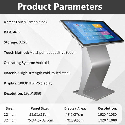 Top Shelf 32 Inch Capacitive Touch Screen Kiosk Slick Interactive Lcd Digital Signage For Mall Navigation And Lobby Directories Android Compatible displayed on sleek cold-rolled steel stand.