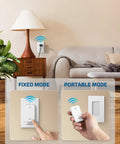 Remote Control Outlet With Magnetic Base 100 ft RF Wireless Switch shown in fixed and portable mode for easy power control at home.