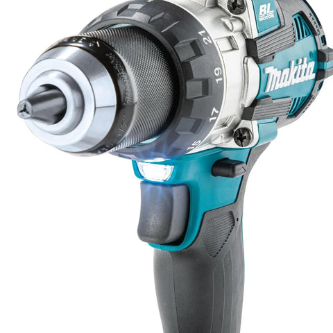 Close-up of Brushless 18V Cordless Drill Driver With 13Mm Keyless Chuck And Dual Speed Gearing showing chuck and LED work light.