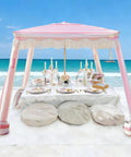 Boho Beach Cabana With Fringe And Tassels, 7x7 Ft Easy Setup Canopy With Premium Wood Poles, Sand Pockets, Rose Stripes at beach dining