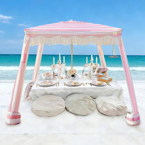 Boho Beach Cabana With Fringe And Tassels, 7x7 Ft Easy Setup Canopy With Premium Wood Poles, Sand Pockets, Rose Stripes at beach dining
