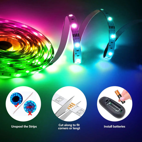 25 Foot RGB LED Strip Lights With App Control And Music Sync Dope Color Changing Tape Lights SMD 5050 RGB coiled and glowing brightly