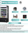 Straight Up Pro Grade Commercial Open Air Merchandiser Refrigerator Cooler With Heavy Duty Sliding Air Curtain Tech displayed with features overview.