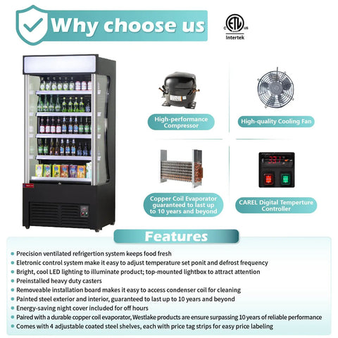 Straight Up Pro Grade Commercial Open Air Merchandiser Refrigerator Cooler With Heavy Duty Sliding Air Curtain Tech displayed with features overview.