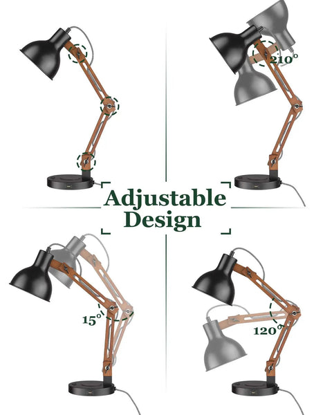 LED Desk Lamp With Wireless Charger And USB C Port Adjustable Swing Arm Sapele Wood Table Lamp showing multiple angles