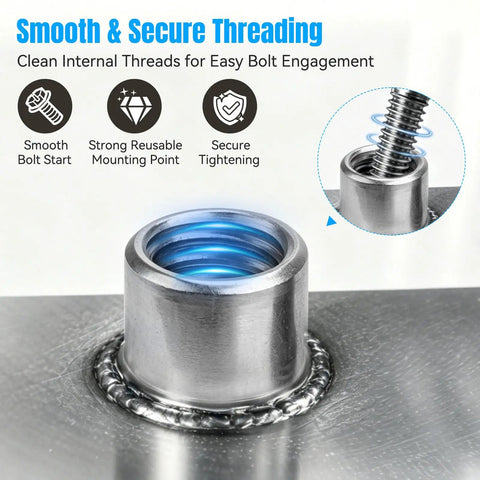 Close-up of No Sweat T Shaped Weld Nut Assortment 40 Piece Steel Hardware Kit showing clean internal threads and strong mounting point.