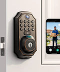 Rock Solid WiFi Video Smart Lock With 5 In 1 Keyless Entry featuring keypad, fingerprint scanner, and HD camera by a door.