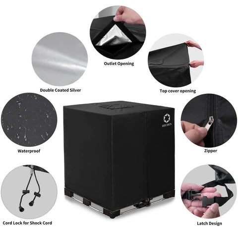 Beast IBC Cover for 275 Gallon Water Tank with Zipper displayed showing zipper, outlet opening, and waterproof material.