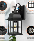 Two Pack Dusk To Dawn Outdoor Wall Lights With Photocell Sensor Waterproof Black Aluminum Sconces featuring sensor and socket details