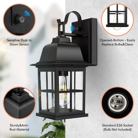 Two Pack Dusk To Dawn Outdoor Wall Lights With Photocell Sensor Waterproof Black Aluminum Sconces featuring sensor and socket details