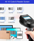 Portable 1D Wireless Barcode Scanner With 2.0 Inch LCD Screen And 2.4G Wireless Dongle Built In Charging Stand Perfect For Warehouse Inventory Express Library Pharmacy And Supermarket Scanning showing compatibility with multiple damaged and colorful codes.