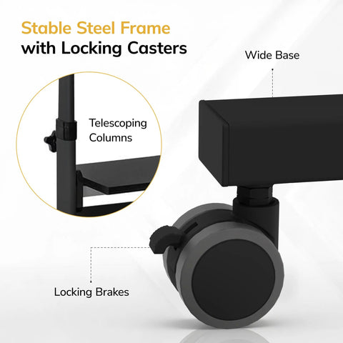 Close-up of locking caster wheel and telescoping columns of Black Rolling Standing Desk With Adjustable Height Up To 54.7 Inches