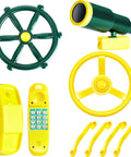 Pirate Ship Playground Accessories Set With Ship Wheels Telescopes And Safety Handles For Outdoor Playhouses And Treehouses Kid Friendly Backyard Adventure Toy Phone Included, showing green and yellow ship wheels, telescope, and handles with toy phone