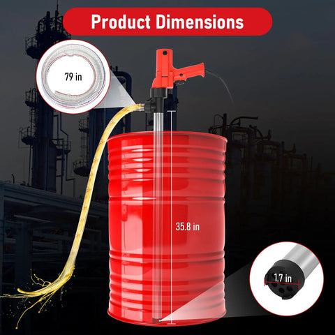 Heavy Duty 2480W Electric Barrel Pump Knocks Out Fuel And Oil Transfers Fast With A Bulletproof 110V Motor And Insane 13000 RPM Flow dimensions, 79 in hose, 35.8 in barrel