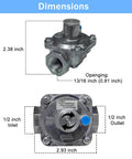 Gas pressure regulator with two brass adapters (1/2" to 3/8" male), metal body, 1/2" inlet, 5-10" WC outlet, Amazon brand.