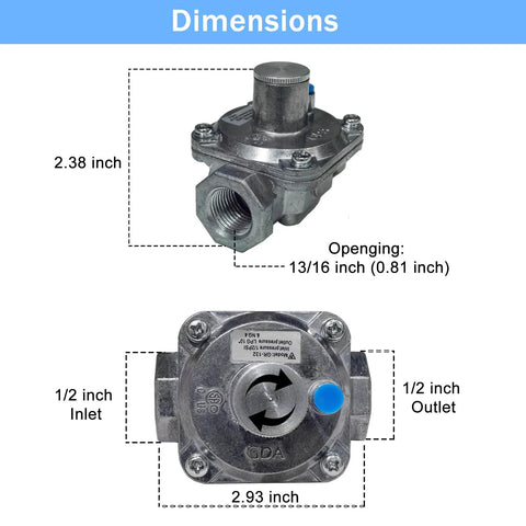 Gas pressure regulator with two brass adapters (1/2" to 3/8" male), metal body, 1/2" inlet, 5-10" WC outlet, Amazon brand.