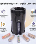 POCREATION 5 In 1 Automatic Sorter Machine Digital Counting Device With Tubes For Pennies Nickels Dimes Quarters Dollars showing compact design and sorting tubes.