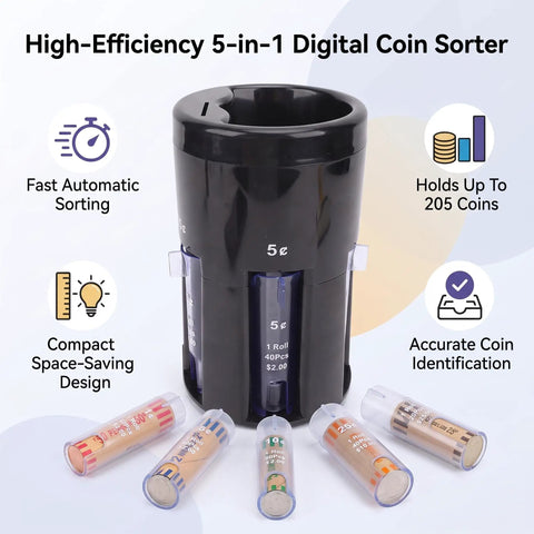 POCREATION 5 In 1 Automatic Sorter Machine Digital Counting Device With Tubes For Pennies Nickels Dimes Quarters Dollars showing compact design and sorting tubes.