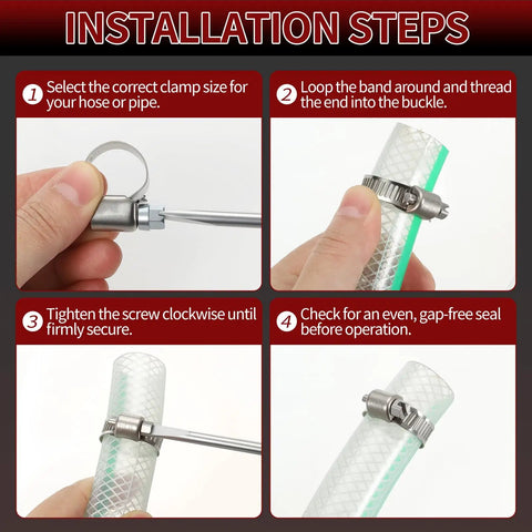 Installation steps of 8-Pack Heavy Duty Stainless Steel Hose Clamps, Adjustable 0.6-1 Inch, Worm Gear Metal for automotive