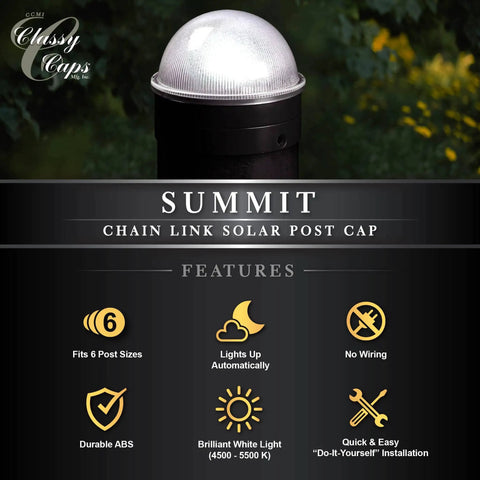Summit Chain Link Solar Post Cap Black With High Output LED Lights Up Automatically At Night Fits 1 7/8 In To 3 In Posts