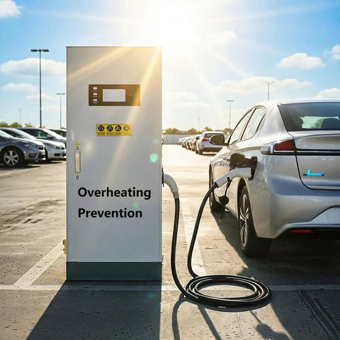 Outdoor Industrial-Grade 80kW DC Fast Charger With CCS1, connected to a grey sedan in a sunny parking lot.