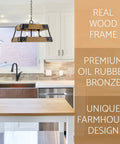 16-Inch 4-Light Farmhouse Pendant Light With Wood Panel Frame In Oil Rubbed Bronze And Russet Oak Finish in kitchen setting