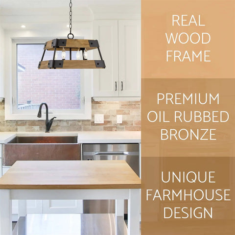 16-Inch 4-Light Farmhouse Pendant Light With Wood Panel Frame In Oil Rubbed Bronze And Russet Oak Finish in kitchen setting
