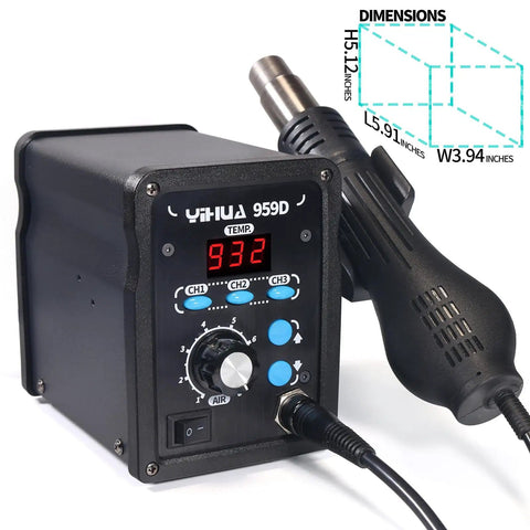 Pro Grade Digital Hot Air Rework Station with Fast Heat, 3 Memory Presets, accurate temperature display, and ergonomic handle design.