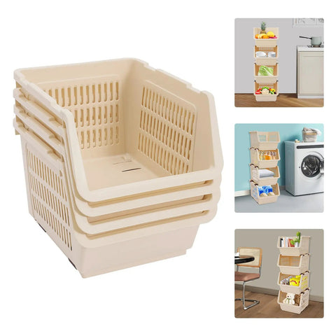 4 Pack Stacking Storage Baskets Featuring Open Front Design Effortless Grab and Go Beige Home Organization Essentials No Cap Your Pantry Will Thank You For This Clean Sweep Setup 11X13.8X8.7 stacked for easy access and organization