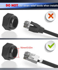 Illustration of Waterproof RJ45 Coupler IP68 5.3 Inch installation with Ethernet cable showing strain relief boot removal.