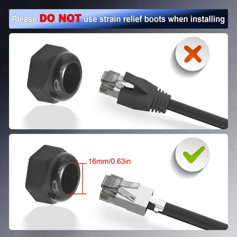 Illustration of Waterproof RJ45 Coupler IP68 5.3 Inch installation with Ethernet cable showing strain relief boot removal.