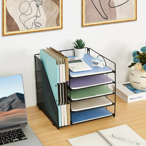 Five Tier Desk Organizer With Letter Trays And File Holder Space Saving Desktop Organizer For Office Supplies Multi Compartment